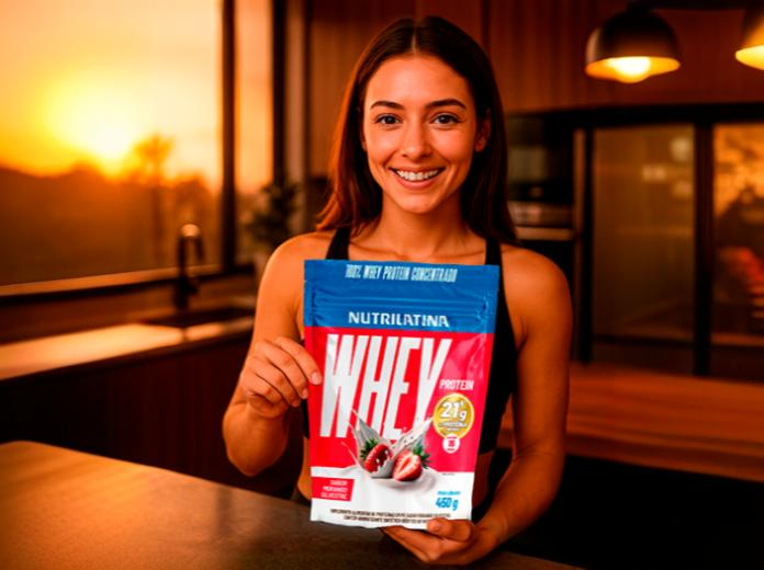Uma mulher em uma cozinha, segurando um pacote de Whey Nutrilatina sabor morango.