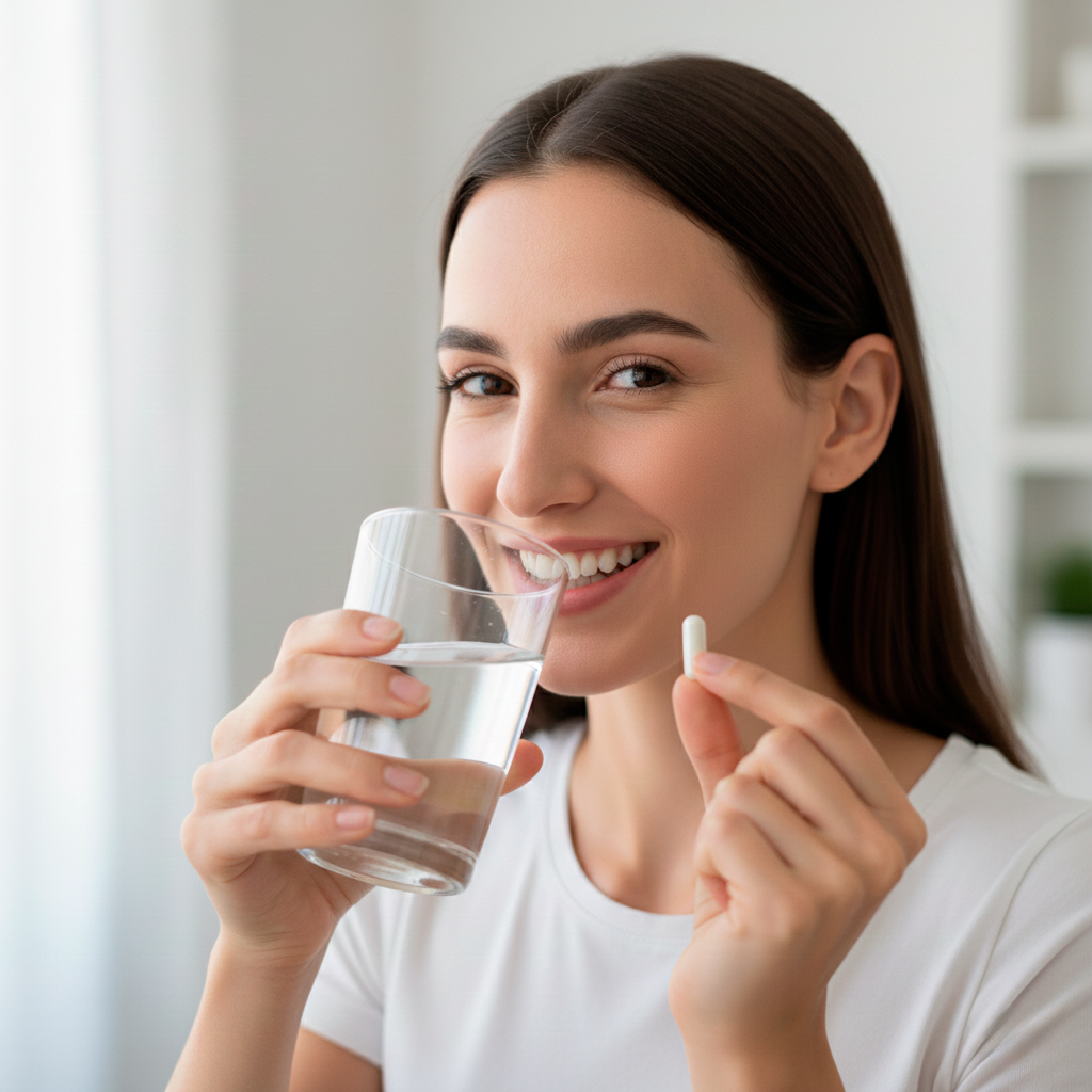 Mulher sorrindo com copo na mão, tomando MAG 5 Nutrilatina
