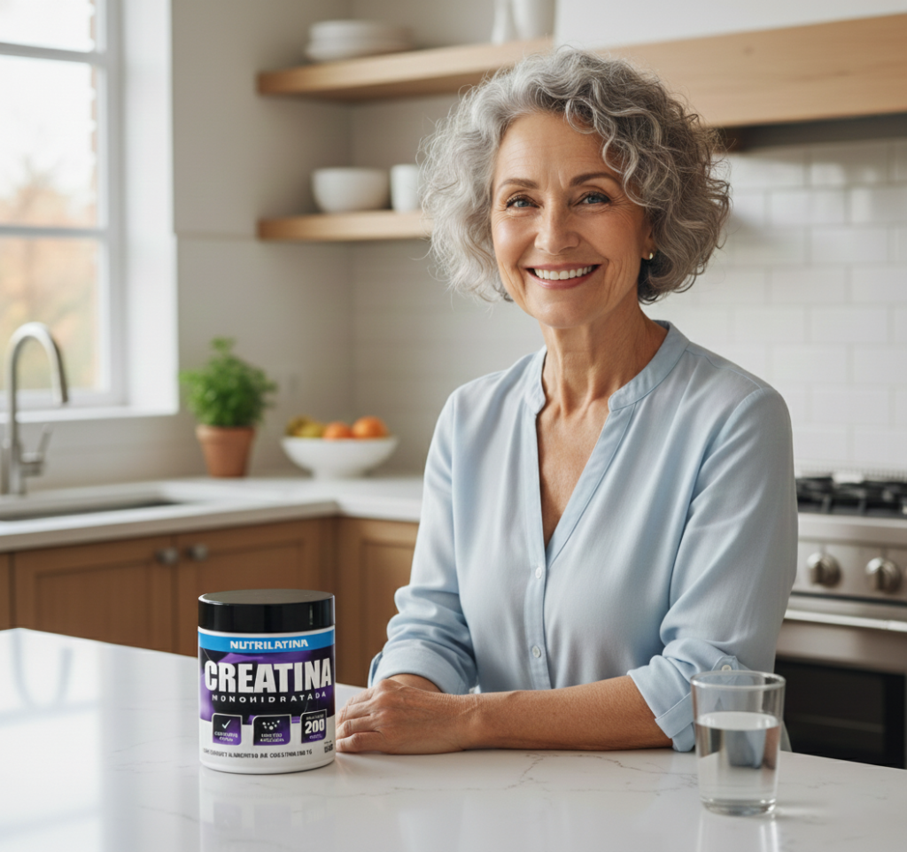 Mulher de 60 anos na cozinha, com um pote de creatina nutrilatina na mesa.