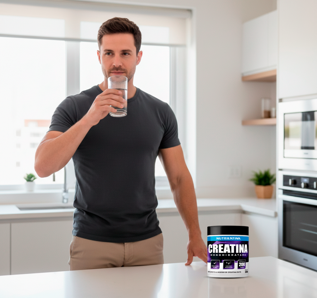 Homem na cozinha, tomando um copo de água e ao lado um pote de creatina nutrilatina