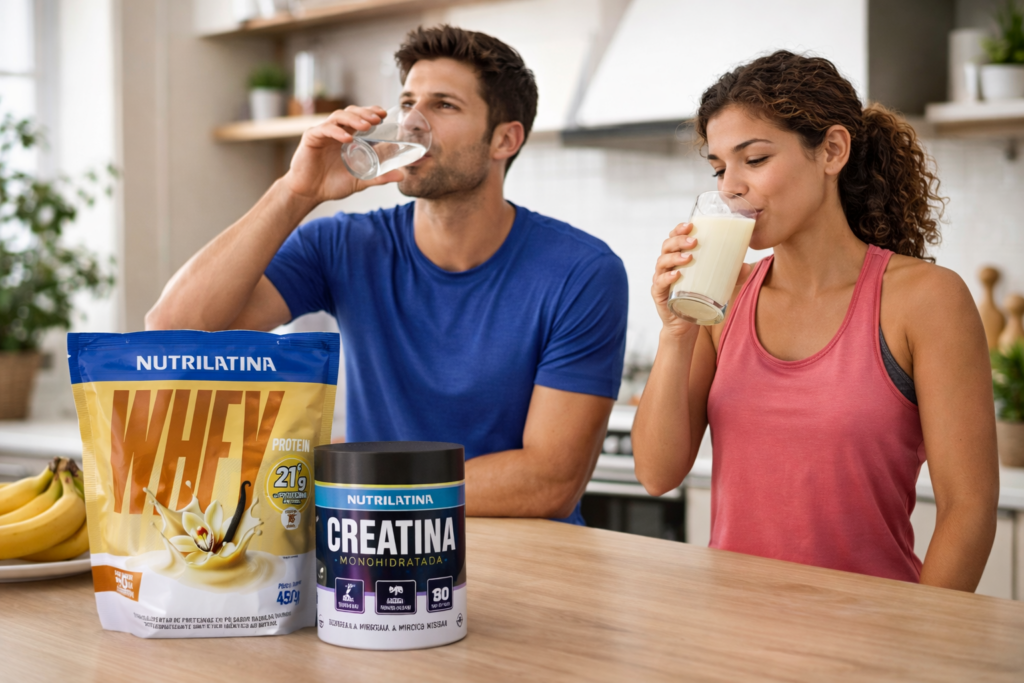 Casal na cozinha tomando creatina e whey protein Nutrilatina