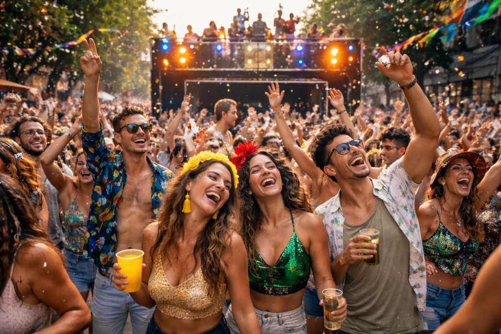 Duas mulheres e um homem se divertindo no carnaval de rua