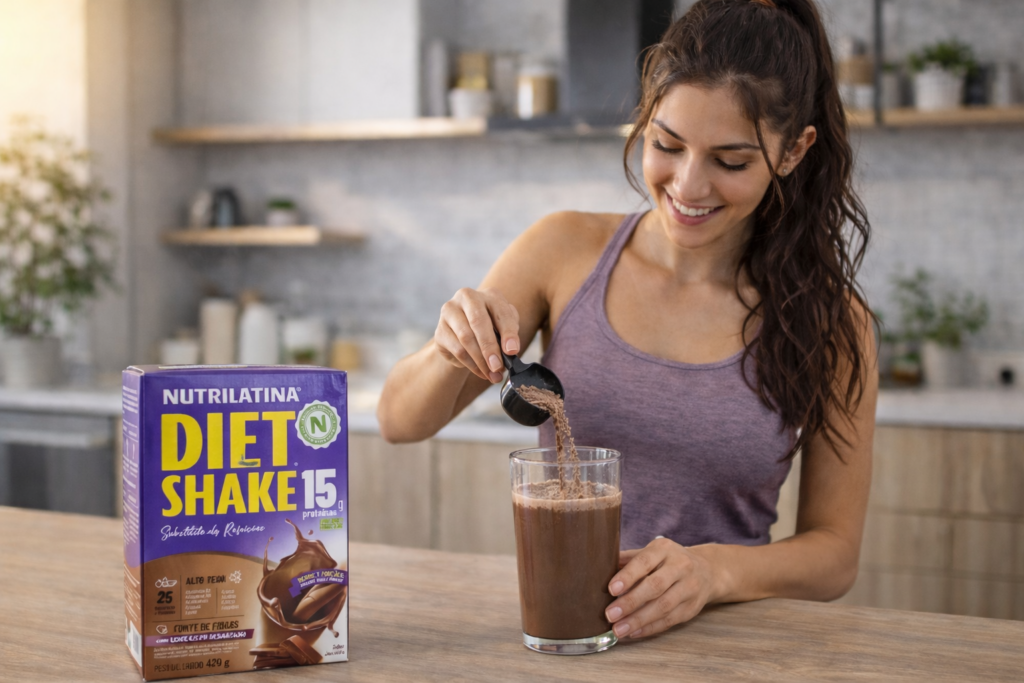 Mulher preparando um shake com diet shake sabor chocolate